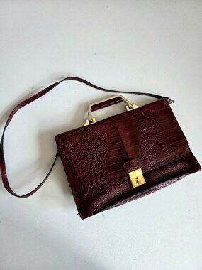 Vintage burgundy/red leather briefcase/document bag with long strap Unisex bag